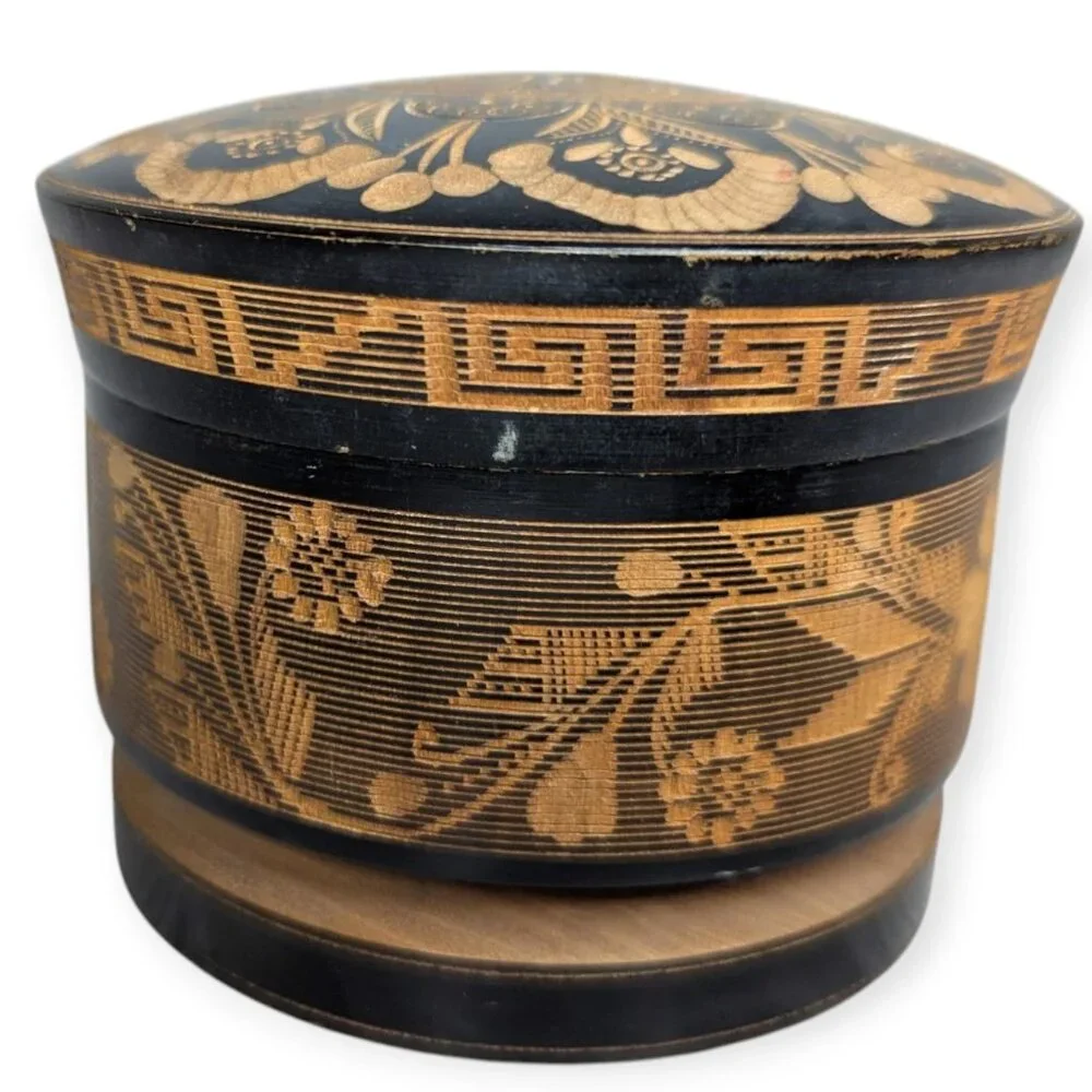Vintage Round Wooden Carved Trinket Box w/ Lid Says Mexico